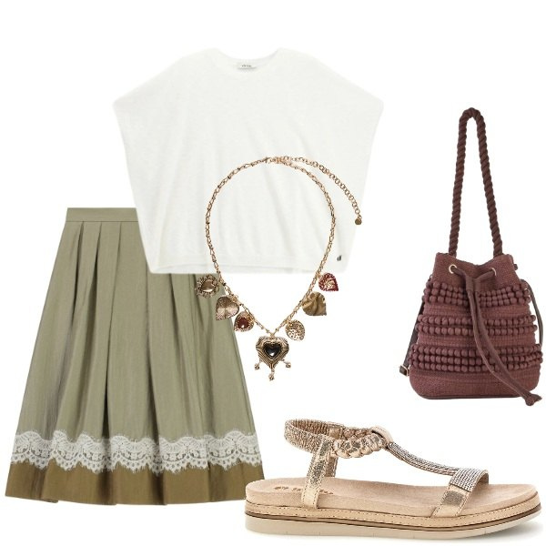 Outfit donna - Particolari. Stile Casual chic per Serata fuori. Abbinamento con borse a secchiello, gonne longuette, top, collane, sandali.