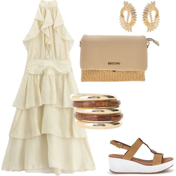 Outfit donna - E siamo in Agosto....... Stile Casual per Tutti i giorni. Abbinamento con vestiti midi/longuette, braccialetti, orecchini, zeppe, borse a spalla.