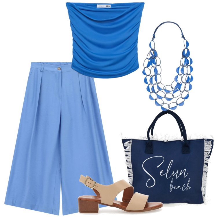 Outfit donna - Agosto azzurro mare. Stile Casual chic per Mare. Abbinamento con top, pantaloni a palazzo, collane, shopping bag, sandali in pelle.