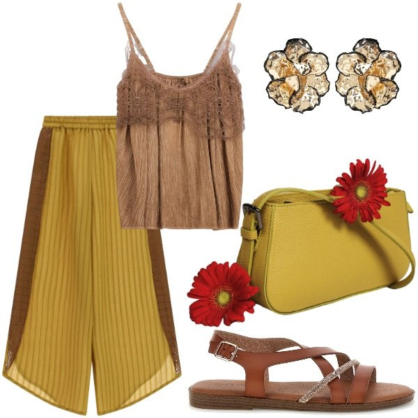 Outfit donna - Serata tra amici. Stile Casual chic per Serata fuori. Abbinamento con borse a spalla, top, pantaloni a palazzo, orecchini, sandali.