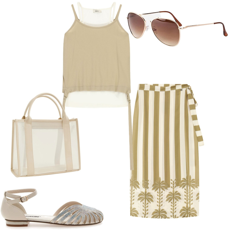 Outfit donna - Agosto in città. Stile Casual chic per Ufficio. Abbinamento con occhiali da sole, borse tote, gonne lunghe, top, sandali.