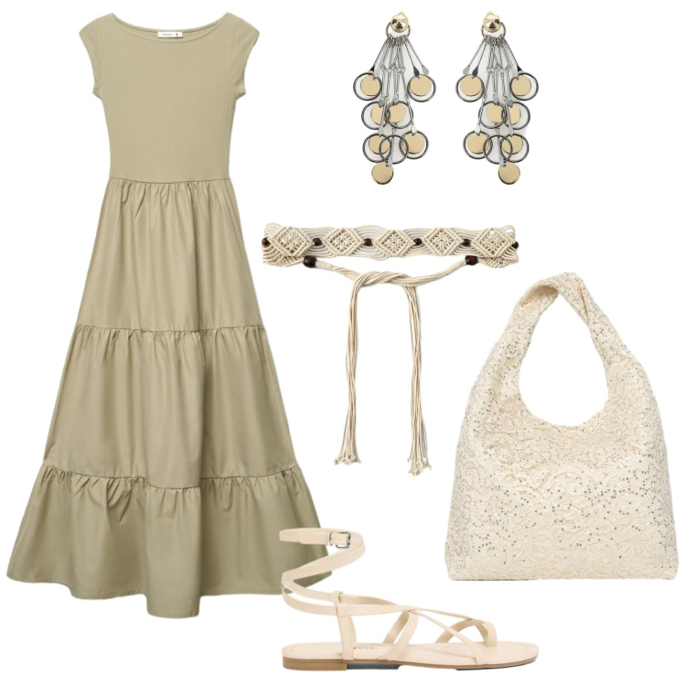 Outfit donna - Il vestito lungo a balze. Stile Boho per Tutti i giorni. Abbinamento con sandali, cinture, borse a spalla, vestiti lunghi, orecchini.
