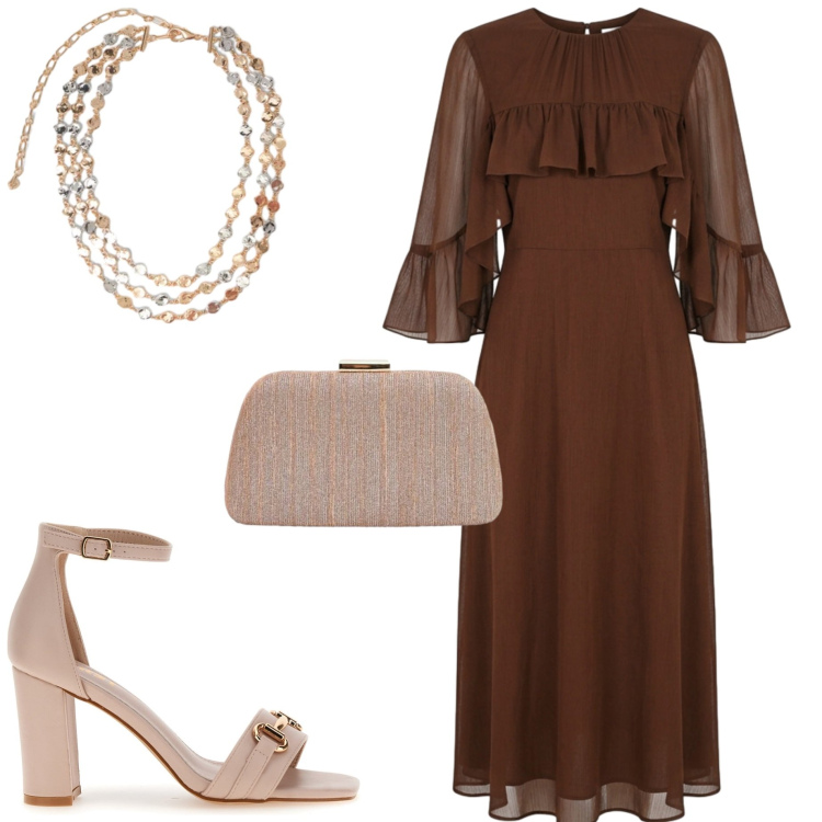 Outfit donna - Festa di compleanno. Stile Chic per Serata fuori. Abbinamento con vestiti midi/longuette, pochette, collane, sandali col tacco.
