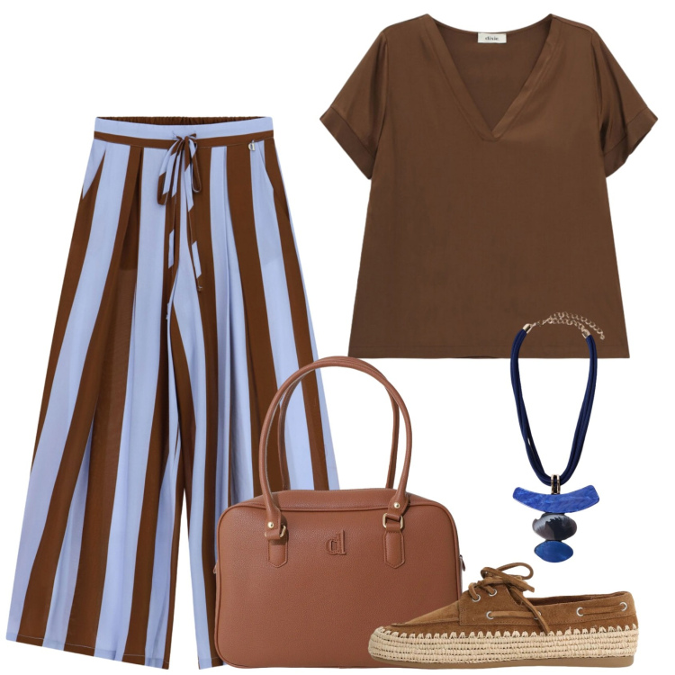Outfit donna - I pantaloni a righe. Stile Casual per Tutti i giorni. Abbinamento con borse a mano, t-shirt, scarpe stringate, pantaloni a palazzo, ciondoli.