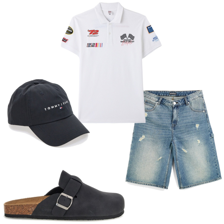 Outfit uomo - Look da vacanza. Stile Casual per Tutti i giorni. Abbinamento con polo, sandali, cappelli con visiera, shorts.