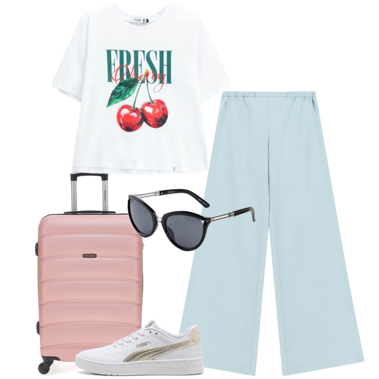 Outfit donna - Summer Holidays. Stile Casual chic per Tutti i giorni. Abbinamento con occhiali da sole, t-shirt, pantaloni a palazzo, sneakers, valigie.