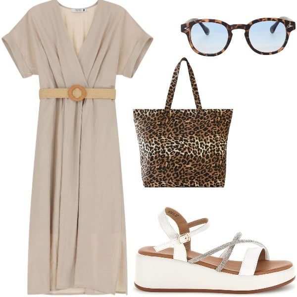 Outfit donna - Estate. Stile Casual per Tutti i giorni. Abbinamento con shopping bag, vestiti midi/longuette, occhiali da sole, sandali.