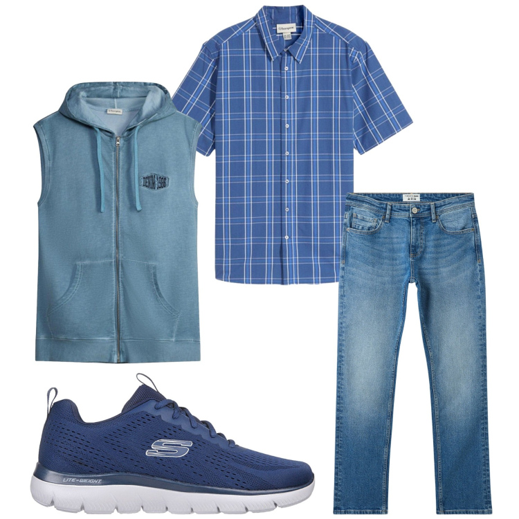 Outfit uomo - Vacanza in montagna. Stile Casual per Tutti i giorni. Abbinamento con gilet, camicie a manica corta, jeans, sneakers.