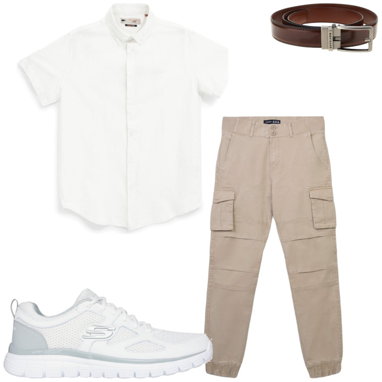 Outfit uomo - In città. Stile Urban per Ufficio. Abbinamento con pantaloni cargo, cinture, sneakers, camicie a manica corta.