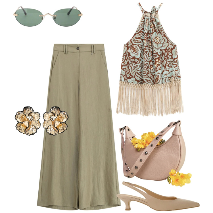 Outfit donna - Dixie. Stile Chic per Serata fuori. Abbinamento con top, pantaloni a palazzo, borse a spalla, décolleté, occhiali da sole, orecchini.