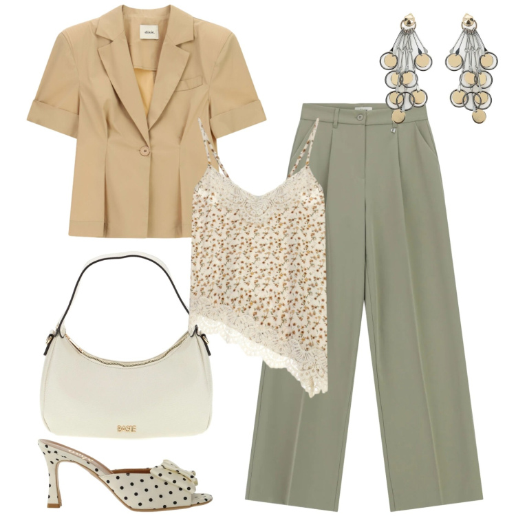 Outfit donna - Total look #2448381. Stile Urban per Tutti i giorni. Abbinamento con top, sandali col tacco, pantaloni a palazzo, blazer, orecchini, borse a tracolla.