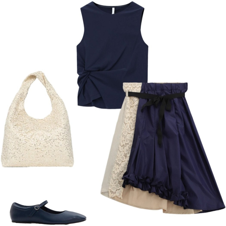 Outfit donna - Summer holidays. Stile Casual chic per Serata fuori. Abbinamento con ballerine, borse a spalla, gonne longuette, canottiere.