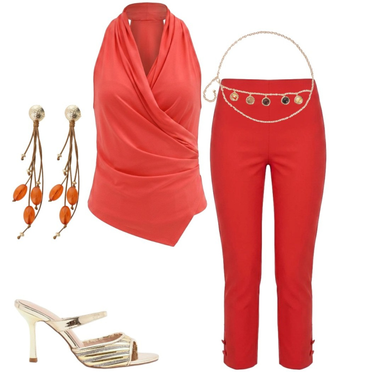 Outfit donna - Summer holidays. Stile Casual chic per Serata fuori. Abbinamento con cinture, orecchini, sabot, pantaloni, top.