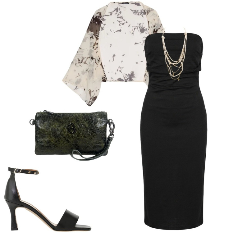 Outfit donna - Summer holidays. Stile Chic per Serata fuori. Abbinamento con collane, sandali col tacco, vestiti midi/longuette, bolero, pochette.