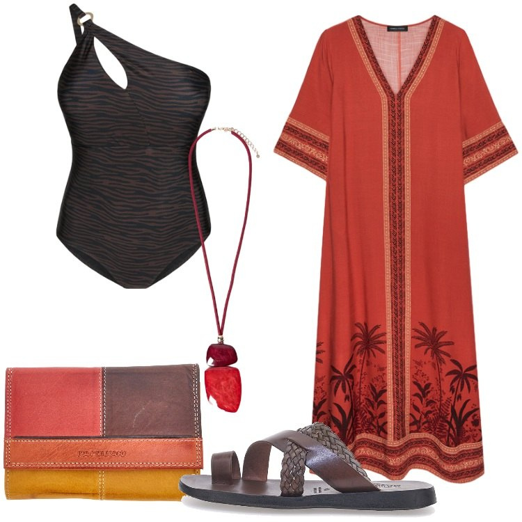 Outfit donna - Caftano per il mare. Stile Etnico per Mare. Abbinamento con caftani, costumi interi, ciondoli, ciabatte, portafogli.