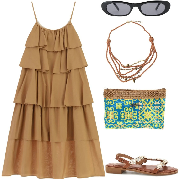 Outfit donna - In città come al mare. Stile Minimal per Tutti i giorni. Abbinamento con vestiti lunghi, collane, occhiali da sole, sandali, pochette.