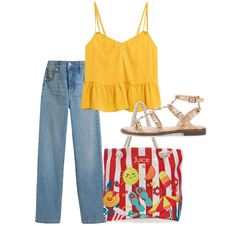 Outfit donna - Agosto. Stile Casual per Tutti i giorni. Abbinamento con jeans, top, shopping bag, sandali.