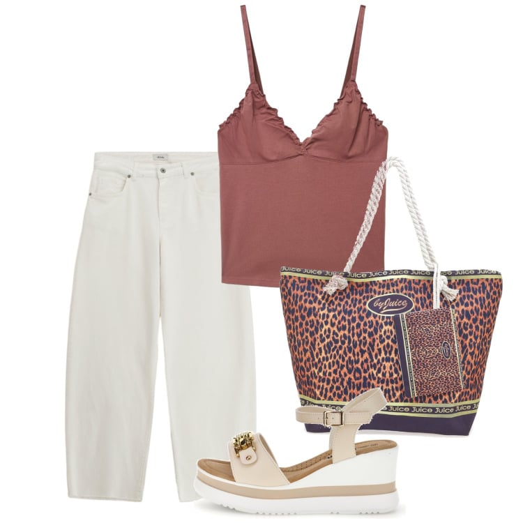 Outfit donna - Agosto. Stile Casual per Tutti i giorni. Abbinamento con canottiere, jeans, shopping bag, zeppe.