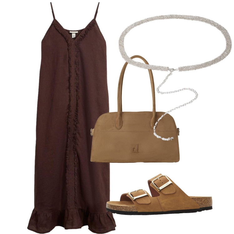 Outfit donna - Agosto. Stile Bon Ton per Tutti i giorni. Abbinamento con vestiti lunghi, ciabatte, borse a spalla, cinture.
