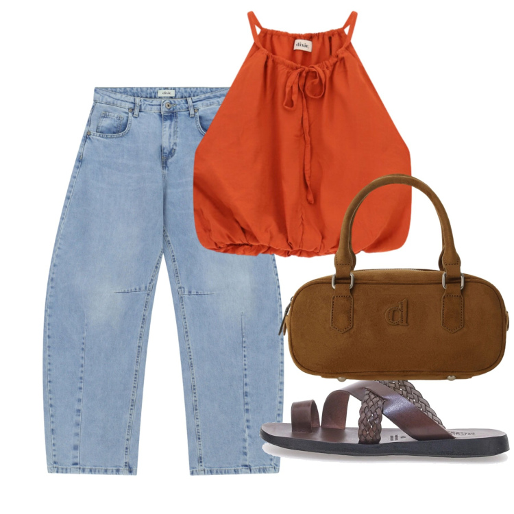 Outfit donna - Agosto. Stile Casual per Tutti i giorni. Abbinamento con borse a mano, top, jeans, ciabatte.