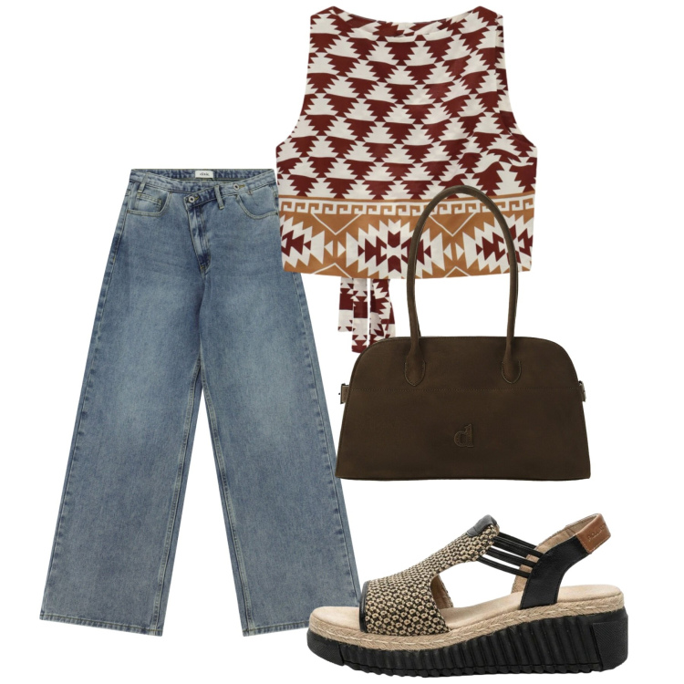 Outfit donna - Agosto. Stile Bon Ton per Tutti i giorni. Abbinamento con sandali, jeans, borse a spalla, top.