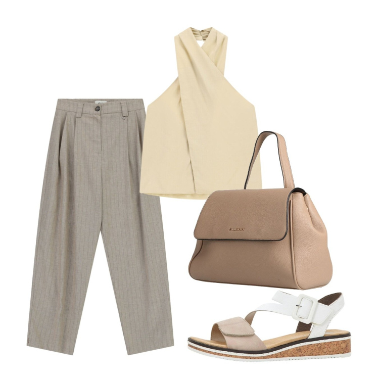 Outfit donna - Agosto. Stile Bon Ton per Ufficio. Abbinamento con zaini, sandali, top, pantaloni.