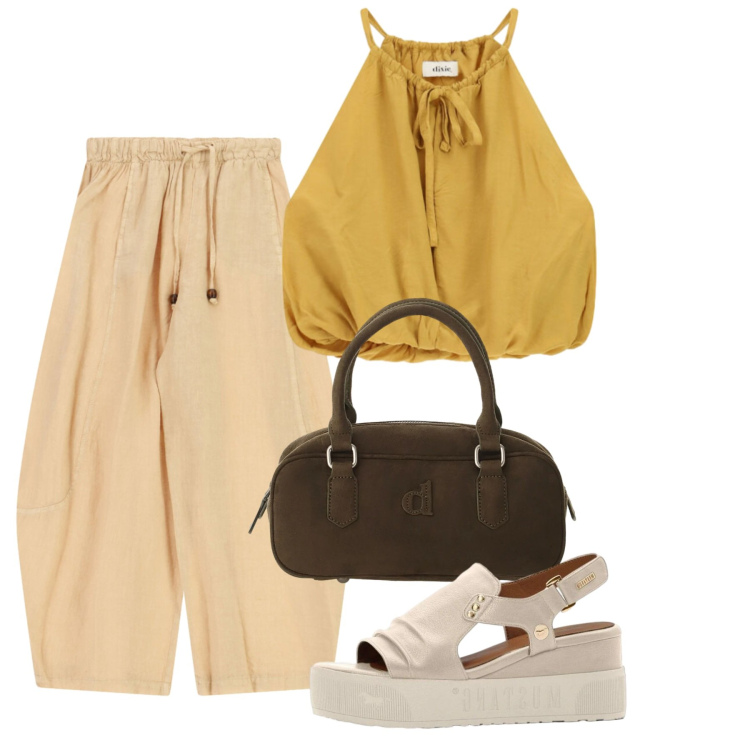 Outfit donna - Agosto. Stile Bon Ton per Tutti i giorni. Abbinamento con sandali, borse a mano, top, pantaloni a palazzo.