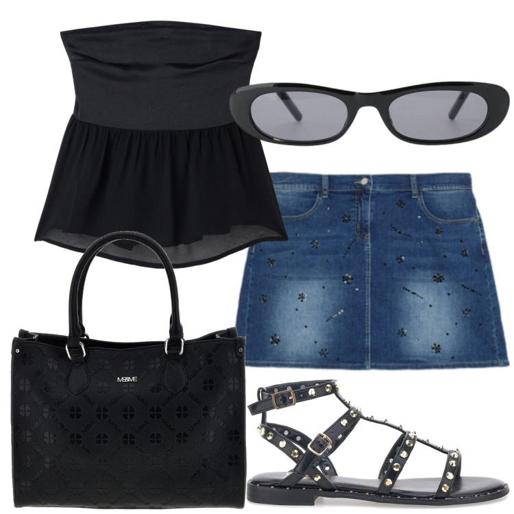 Outfit donna - Total look #2448484. Stile Sexy per Tutti i giorni. Abbinamento con top, occhiali da sole, minigonne, borse a tracolla, sandali.