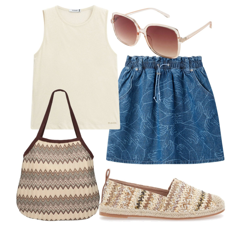 Outfit donna - Total look #2448492. Stile Boho per Tutti i giorni. Abbinamento con occhiali da sole, minigonne, borse tote, top, espadrillas.