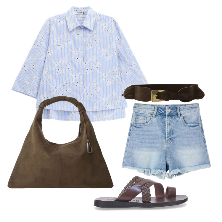 Outfit donna - Agosto. Stile Trendy per Tutti i giorni. Abbinamento con shorts, camicie, borse a spalla, cinture, ciabatte.