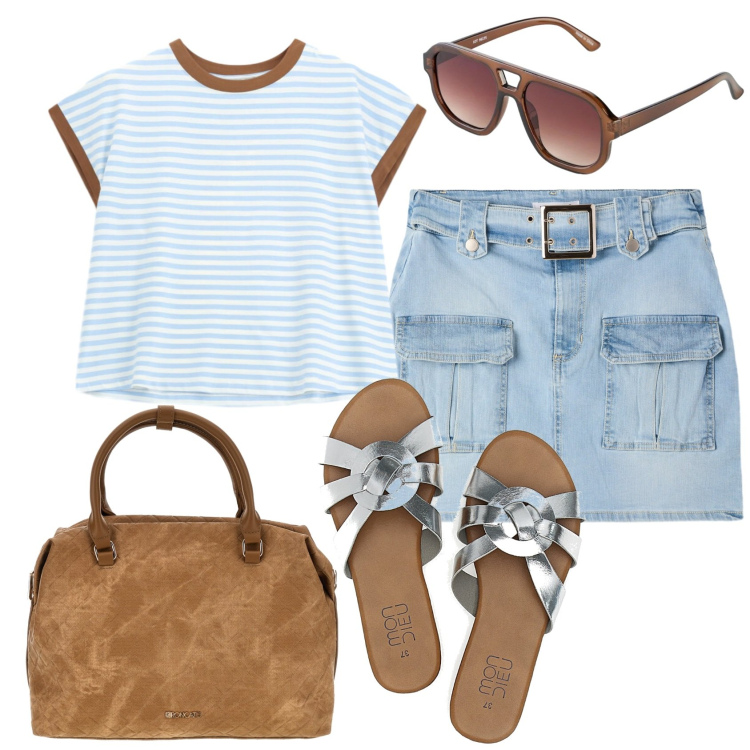 Outfit donna - Total look #2448494. Stile Urban per Tutti i giorni. Abbinamento con occhiali da sole, minigonne, top, ciabatte, borse a tracolla.