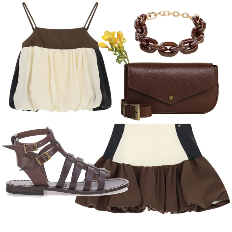 Outfit donna - Total look #2448505. Stile Trendy per Tutti i giorni. Abbinamento con braccialetti, borse a tracolla, minigonne, top, sandali alla schiava.