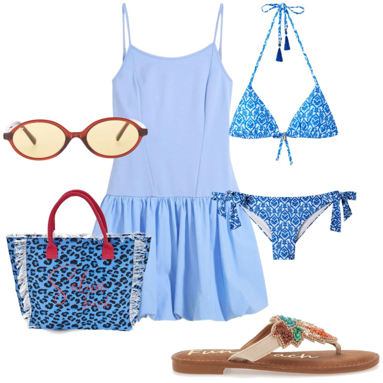 Outfit donna - Mare. Stile Casual per Mare. Abbinamento con vestiti corti, bikini, bikini, occhiali da sole, borse a mano, infradito.