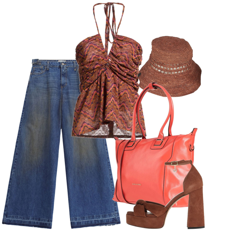 Outfit donna - Agosto \'70. Stile Casual chic per Tutti i giorni. Abbinamento con top, cappelli con visiera, zaini, sandali in pelle, jeans.