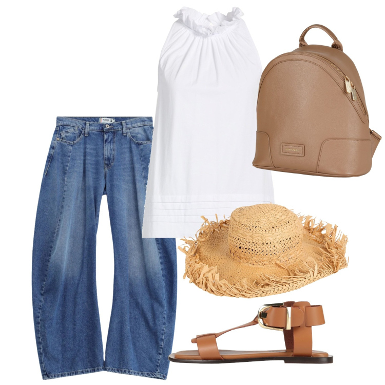 Outfit donna - Agosto. Stile Casual chic per Tutti i giorni. Abbinamento con zaini, cappelli, sandali alla schiava, top, jeans.