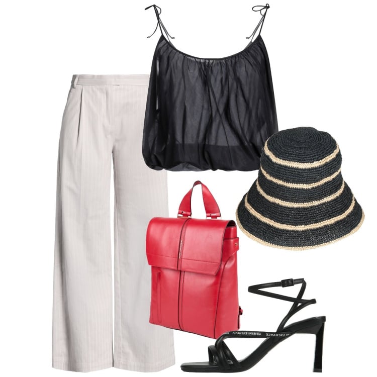 Outfit donna - Agosto B&W. Stile Chic per Tutti i giorni. Abbinamento con pantaloni, top, zaini, sandali col tacco, cappelli con visiera.