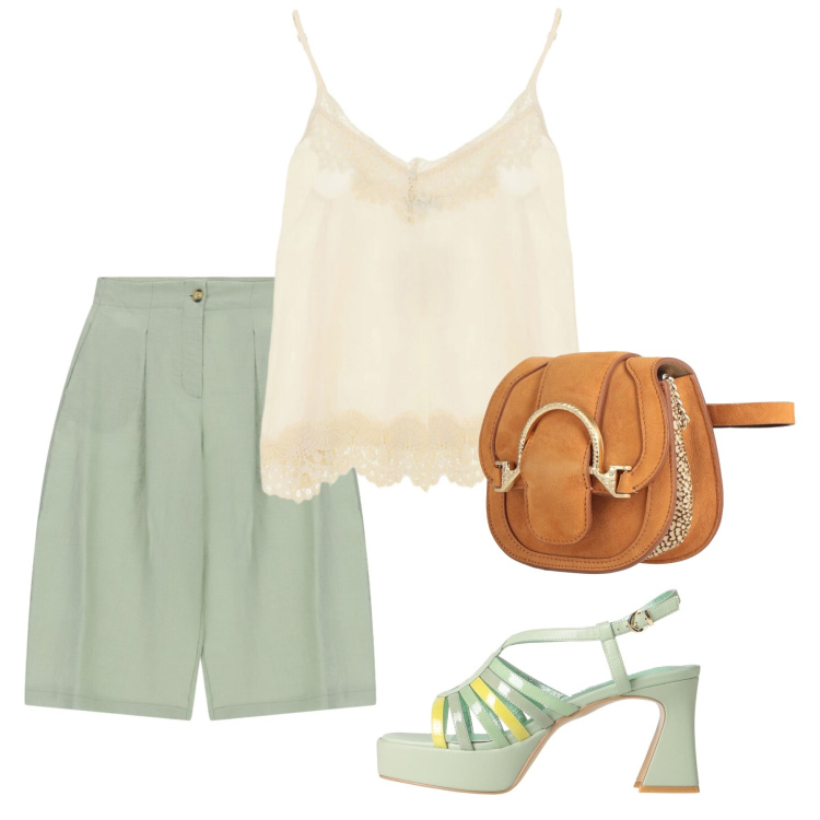 Outfit donna - Agosto. Stile Bon Ton per Tutti i giorni. Abbinamento con sandali in pelle, marsupi, shorts, top.