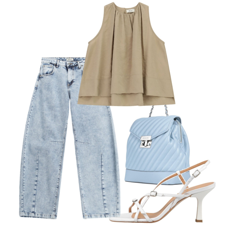 Outfit donna - Agosto. Stile Casual chic per Tutti i giorni. Abbinamento con zaini, sandali in pelle, canottiere, jeans.