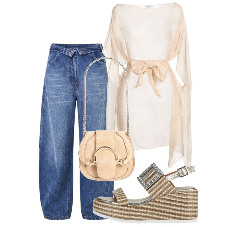 Outfit donna - Agosto casual chic. Stile Casual chic per Serata fuori. Abbinamento con top, marsupi, sandali in pelle, jeans mom.