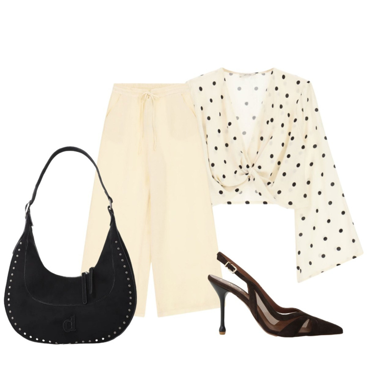 Outfit donna - Giornata Dixie. Stile Chic per Tutti i giorni. Abbinamento con borse a spalla, décolleté, top, pantaloni a palazzo.