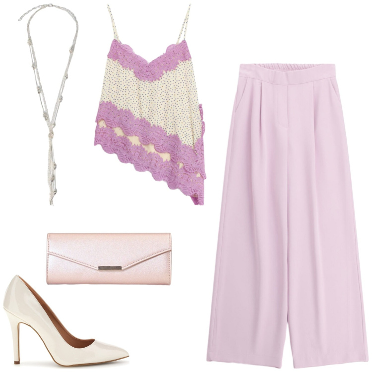 Outfit donna - Total look #2448533. Stile Chic per Serata fuori. Abbinamento con top, pantaloni a palazzo, clutch, collane, décolleté.