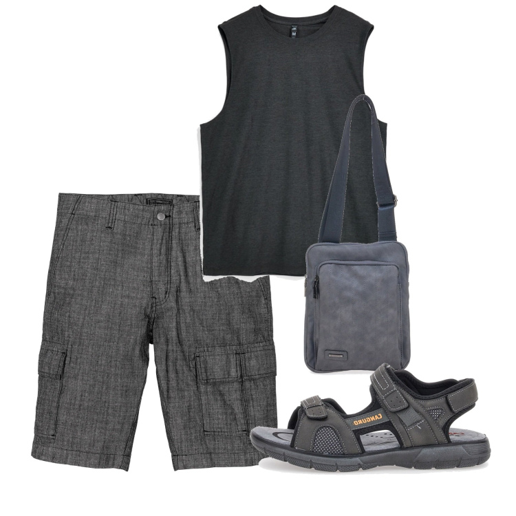 Outfit uomo - Urban mood. Stile Urban per Tutti i giorni. Abbinamento con bermuda, portafogli, canottiere, sandali.