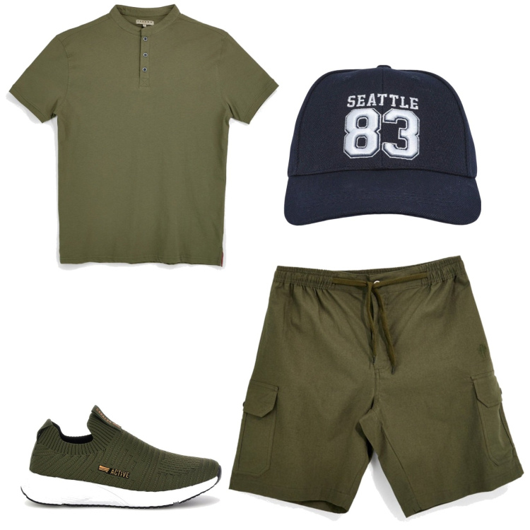 Outfit uomo - Total look #2448537. Stile Casual per Sport. Abbinamento con cappelli con visiera, bermuda, sneakers, t-shirt.