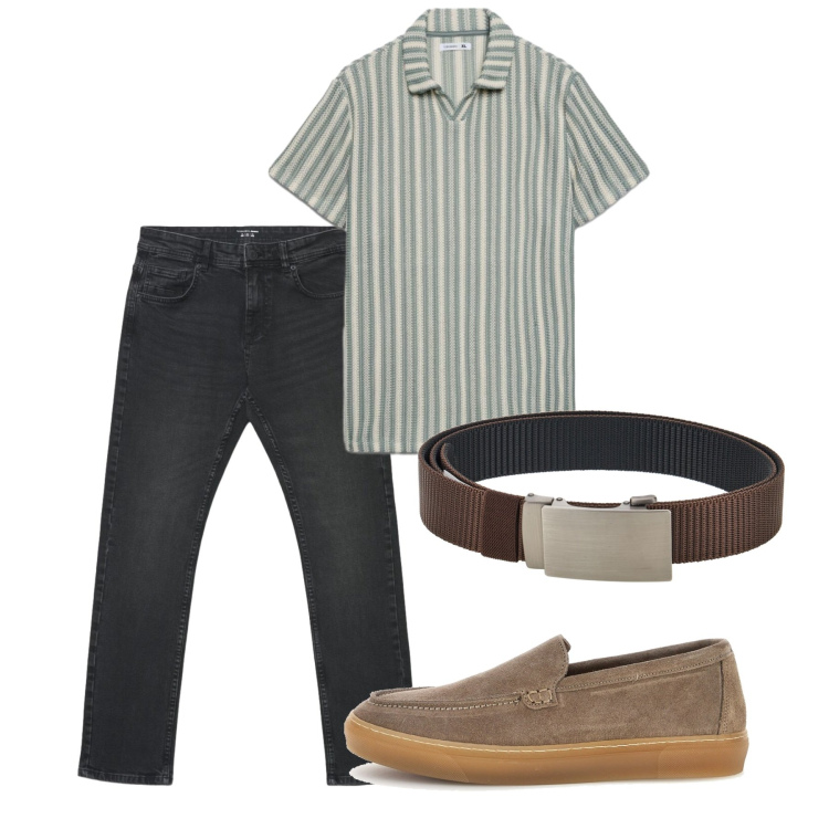 Outfit uomo - Agosto. Stile Casual per Tutti i giorni. Abbinamento con jeans, polo, scarpe stringate, cinture.