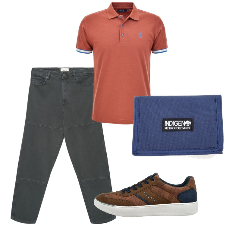 Outfit uomo - Agosto. Stile Casual per Tutti i giorni. Abbinamento con jeans, polo, portafogli, sneakers.