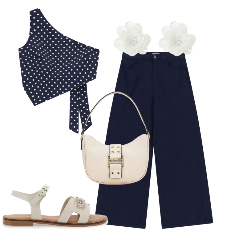 Outfit donna - Agosto. Stile Casual chic per Tutti i giorni. Abbinamento con top, pantaloni a palazzo, orecchini, borse a tracolla, sandali.