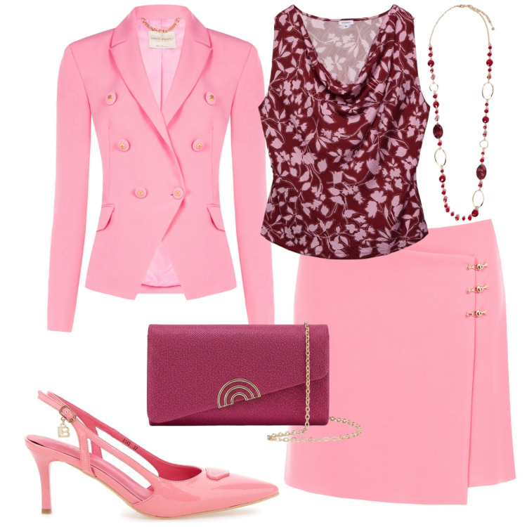 Outfit donna - Chic. Stile Chic per Cerimonia. Abbinamento con top, blazer, minigonne, collane, décolleté, pochette.