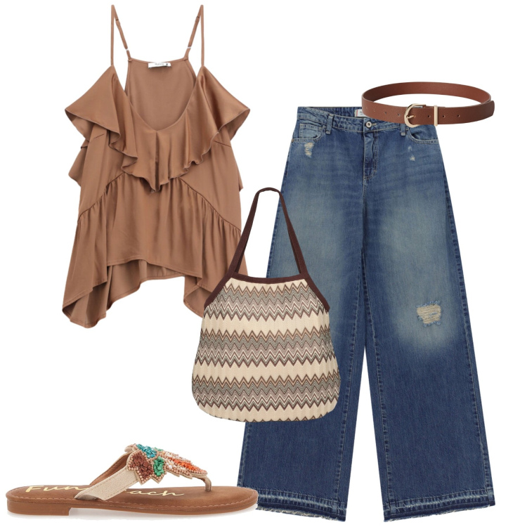Outfit donna - Agosto. Stile Casual per Tutti i giorni. Abbinamento con cinture, borse tote, jeans dritti, top, infradito.