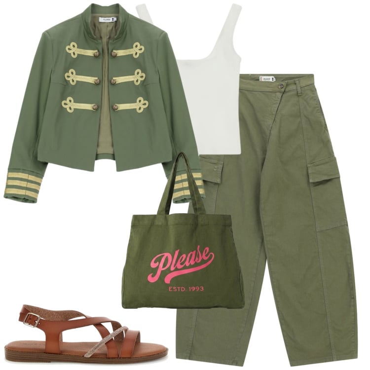 Outfit donna - Please. Stile Casual per Tutti i giorni. Abbinamento con pantaloni cargo, cappotti, top, shopping bag, sandali.