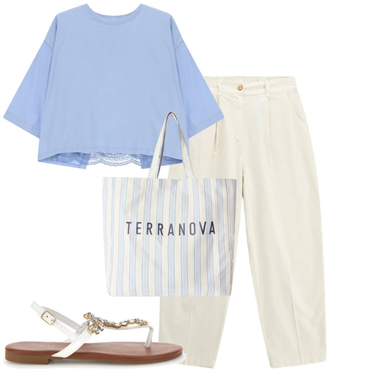 Outfit donna - Agosto. Stile Casual chic per Tutti i giorni. Abbinamento con shopping bag, top, pantaloni, sandali gioiello.